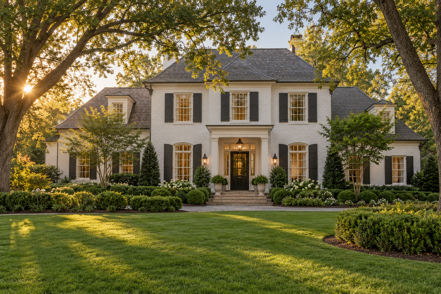 Elegant brick home surrounded by mature trees